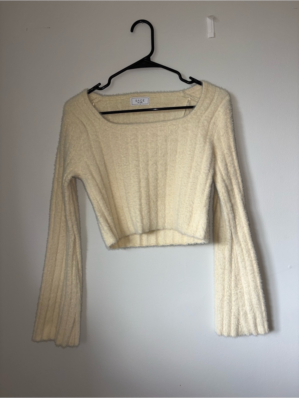 Cropped fuzzy long sleeve cream sweater